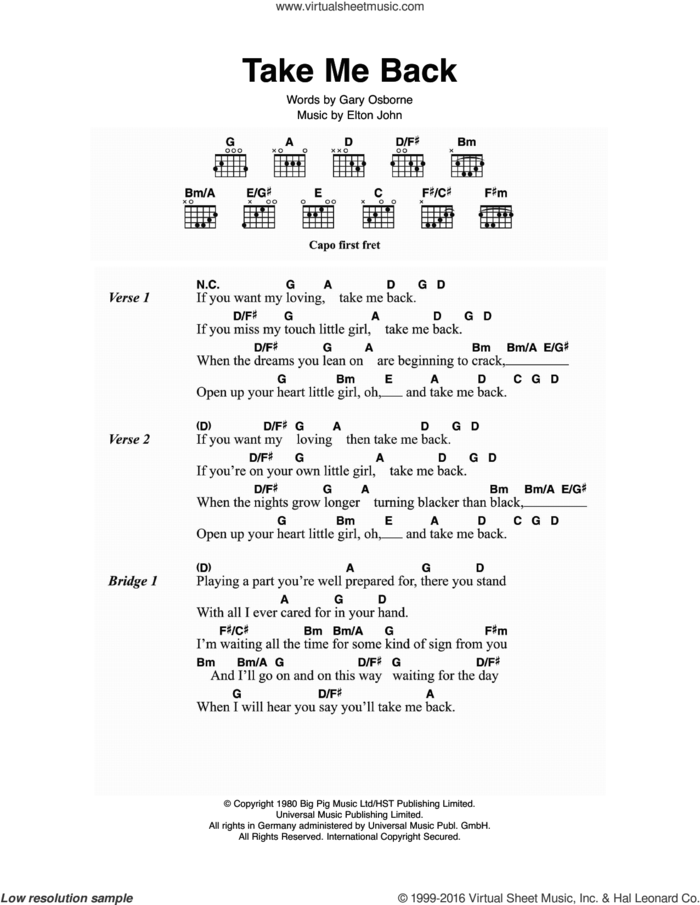 Take Me Back sheet music for guitar (chords) by Elton John and Gary Osborne, intermediate skill level