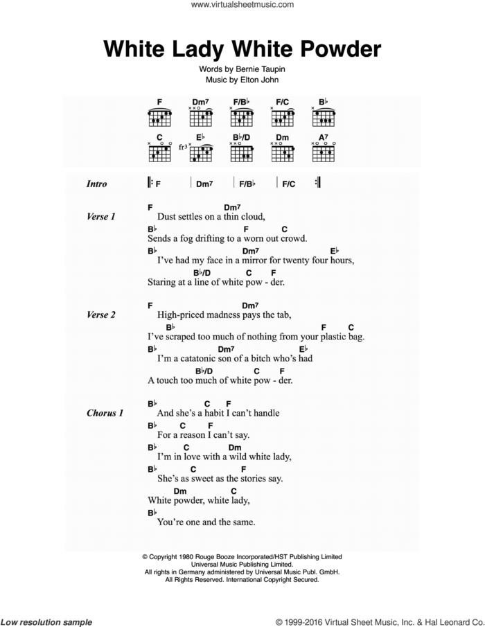 White Lady White Powder sheet music for guitar (chords) by Elton John and Bernie Taupin, intermediate skill level