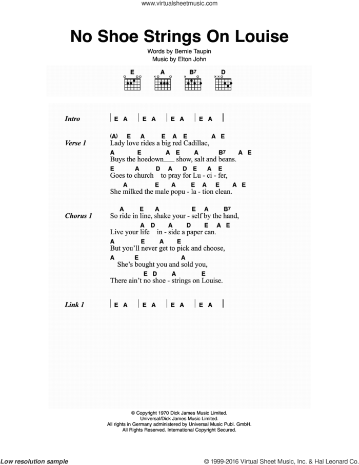 No Shoe Strings On Louise sheet music for guitar (chords) by Elton John and Bernie Taupin, intermediate skill level