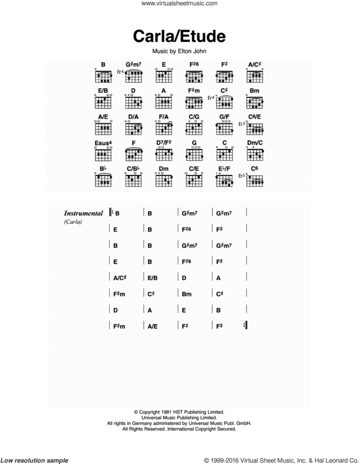 Carla/Etude sheet music for guitar (chords) by Elton John, intermediate skill level