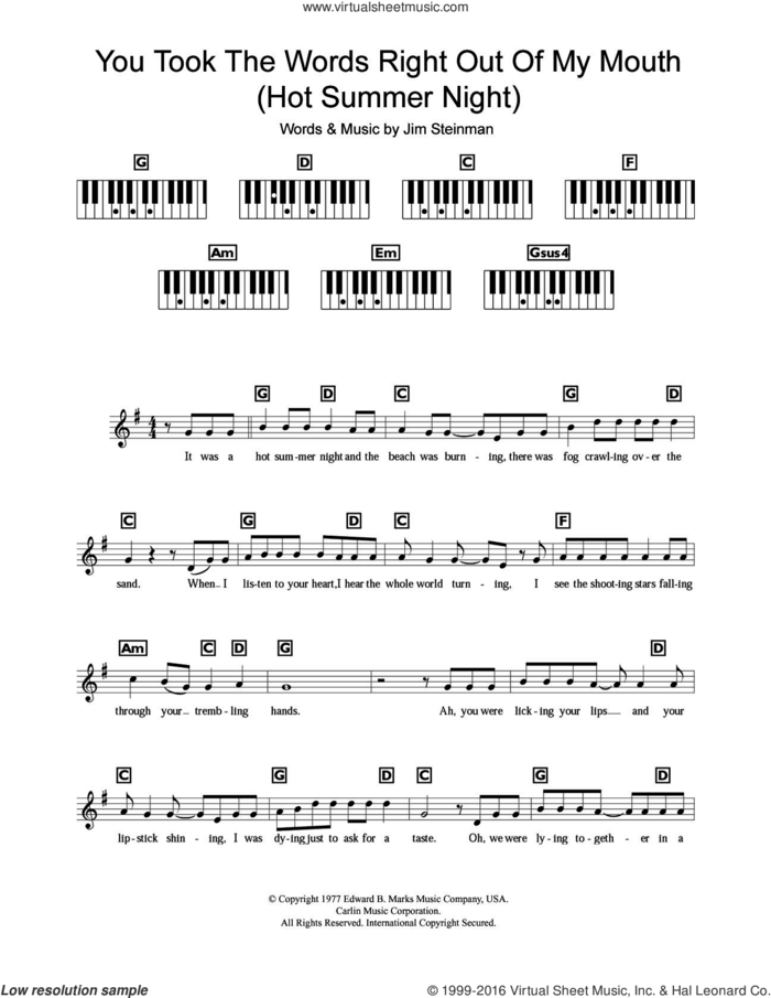You Took The Words Right Out Of My Mouth (Hot Summer Night) sheet music for piano solo (chords, lyrics, melody) by Meat Loaf and Jim Steinman, intermediate piano (chords, lyrics, melody)