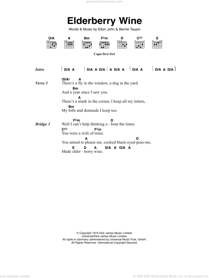 Elderberry Wine sheet music for guitar (chords) by Elton John and Bernie Taupin, intermediate skill level