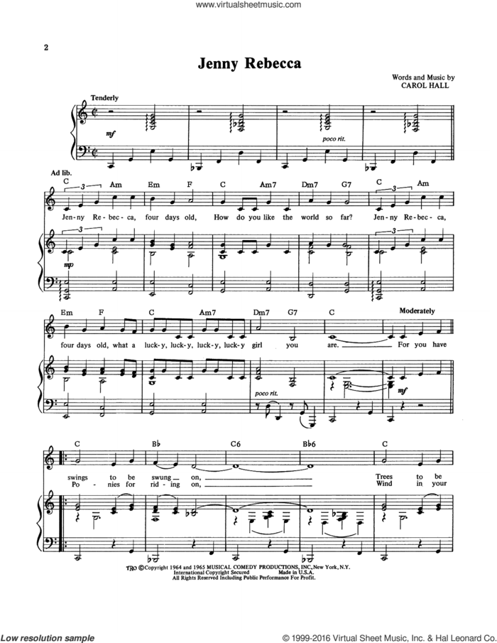 Jenny Rebecca sheet music for voice, piano or guitar by Carol Hall and Carol Hallcusse, intermediate skill level
