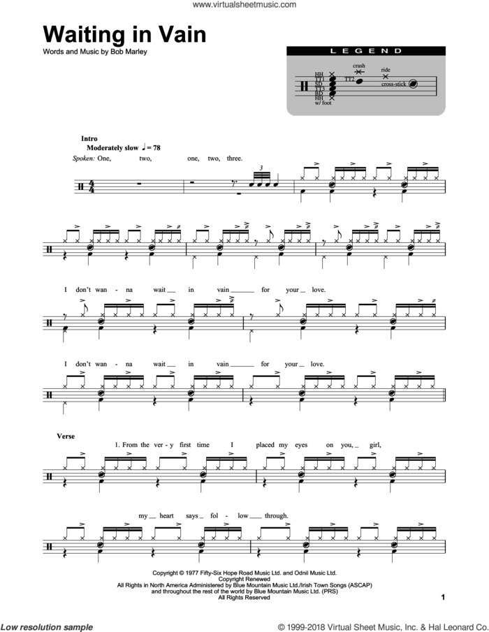 Waiting In Vain sheet music for drums by Bob Marley, intermediate skill level