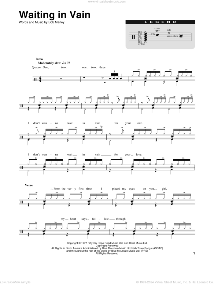 Waiting In Vain sheet music for drums by Bob Marley, intermediate skill level