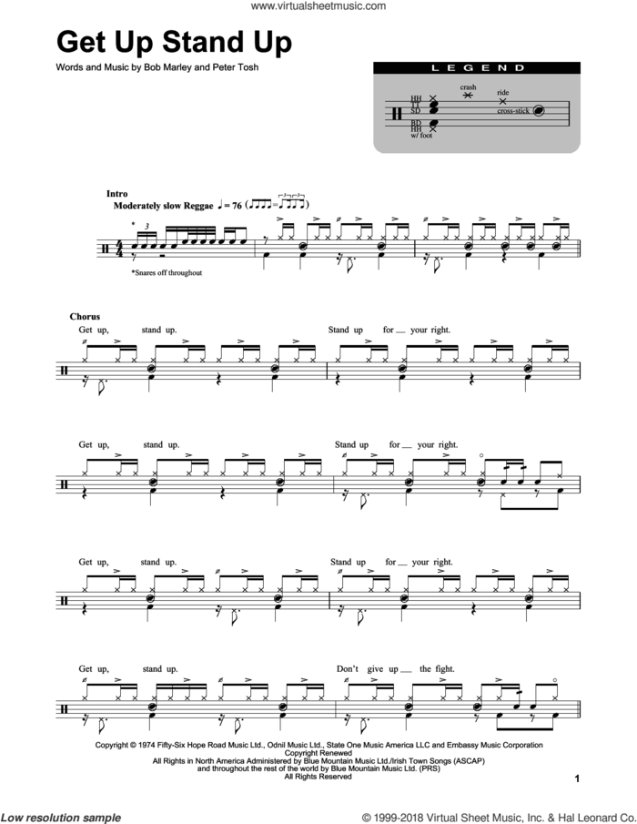Get Up Stand Up sheet music for drums by Bob Marley and Peter Tosh, intermediate skill level