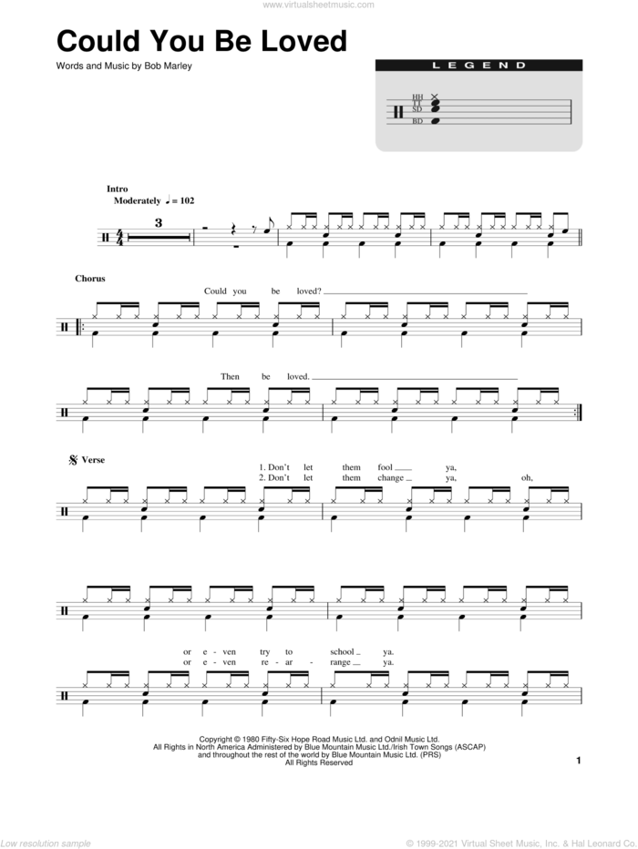 Could You Be Loved sheet music for drums by Bob Marley and Bob Marley and The Wailers, intermediate skill level