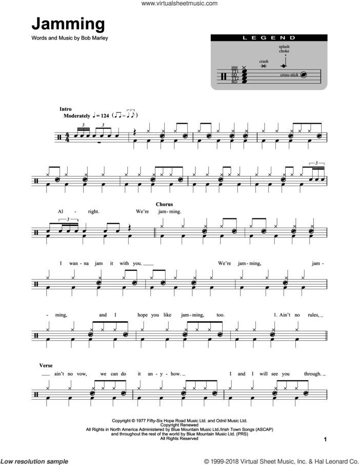 Jamming sheet music for drums by Bob Marley, intermediate skill level