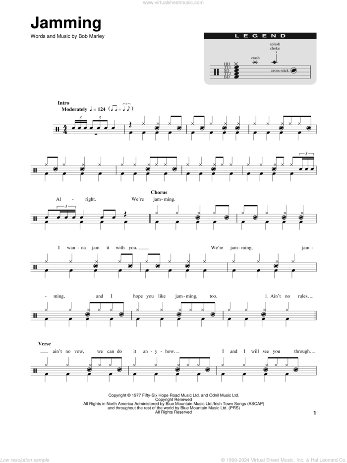 Jamming sheet music for drums by Bob Marley, intermediate skill level