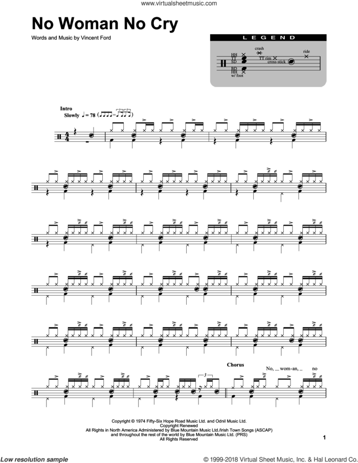 No Woman No Cry sheet music for drums by Bob Marley and Vincent Ford, intermediate skill level