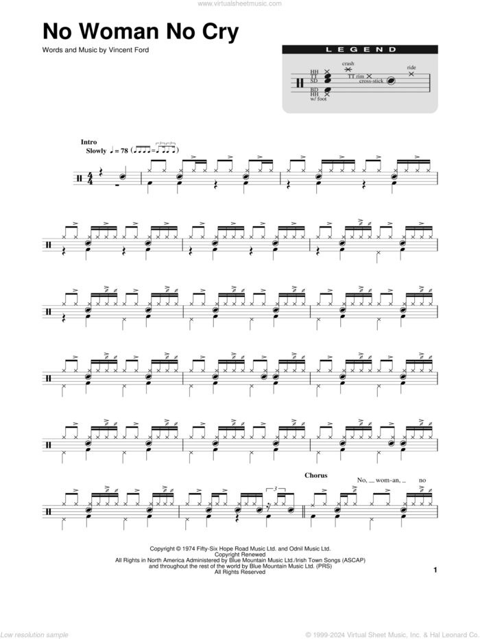 No Woman No Cry sheet music for drums by Bob Marley and Vincent Ford, intermediate skill level