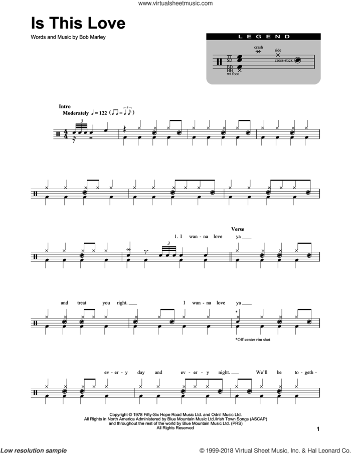Is This Love sheet music for drums by Bob Marley, intermediate skill level