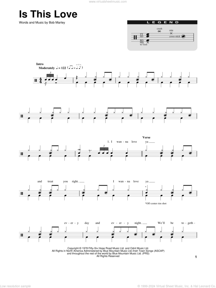 Is This Love sheet music for drums by Bob Marley, intermediate skill level