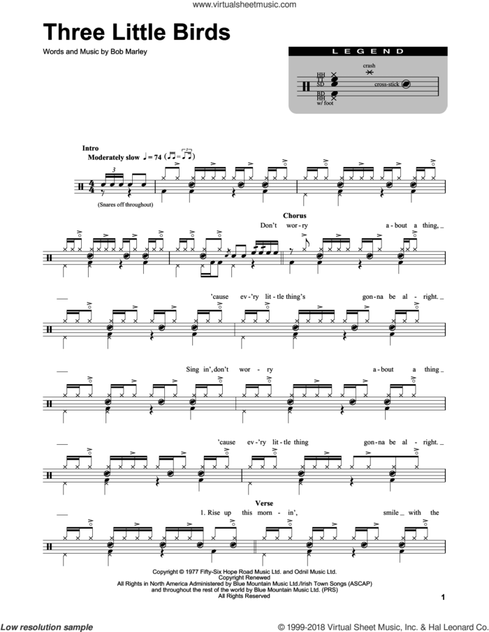 Three Little Birds sheet music for drums by Bob Marley, intermediate skill level