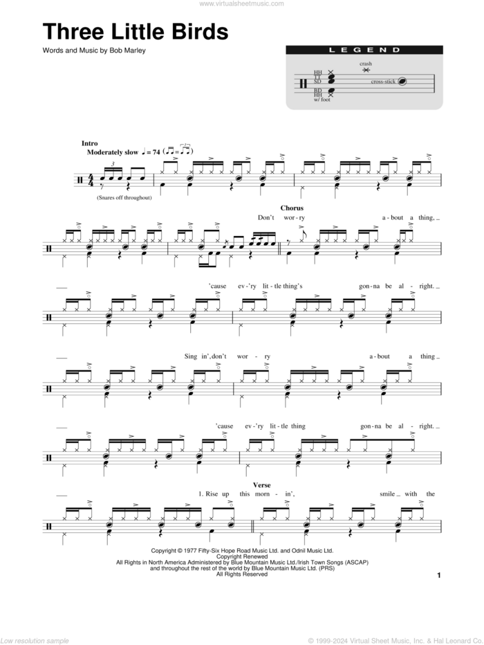 Three Little Birds sheet music for drums by Bob Marley, intermediate skill level