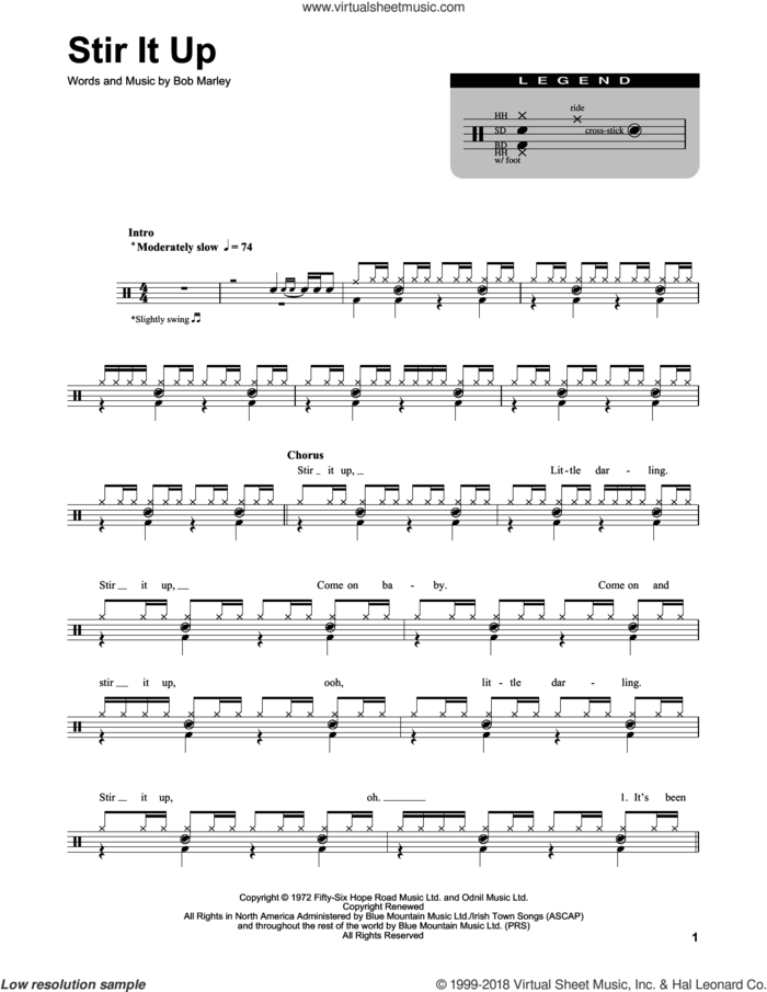 Stir It Up sheet music for drums by Bob Marley, intermediate skill level