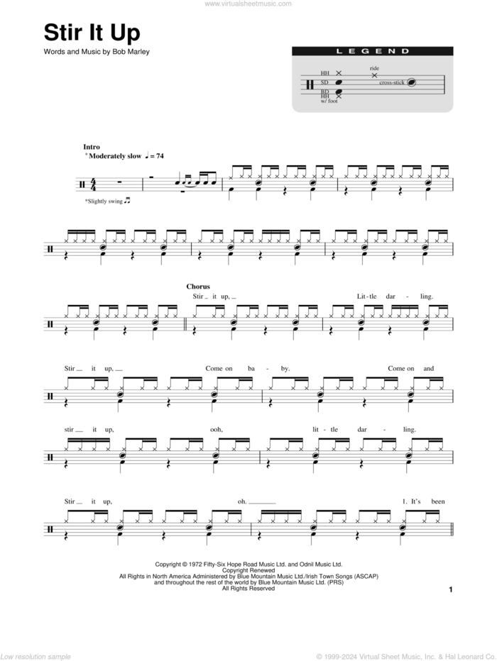 Stir It Up sheet music for drums by Bob Marley, intermediate skill level