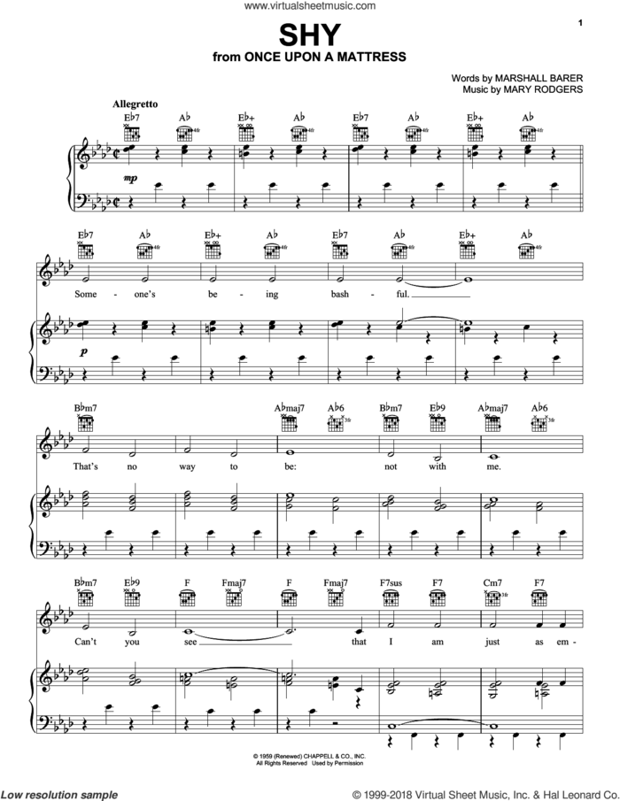 Shy sheet music for voice, piano or guitar by Rodgers & Barer, Marshall Barer and Mary Rodgers, intermediate skill level