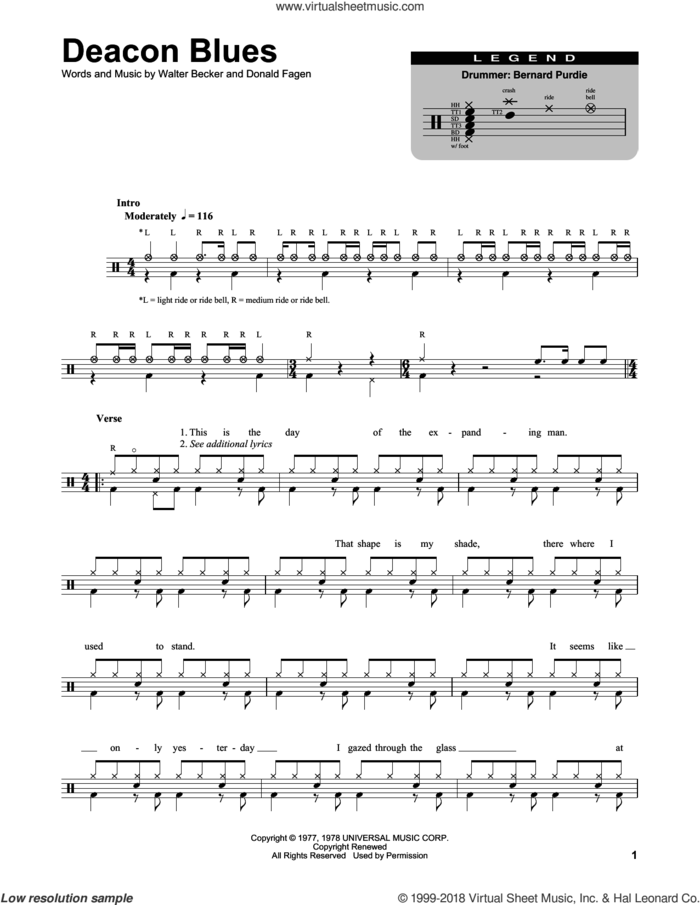 Deacon Blues sheet music for drums by Steely Dan, Donald Fagen and Walter Becker, intermediate skill level