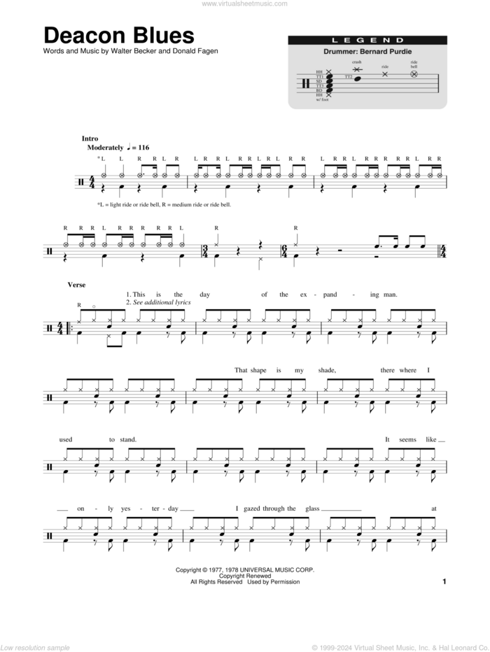 Deacon Blues sheet music for drums by Steely Dan, Donald Fagen and Walter Becker, intermediate skill level