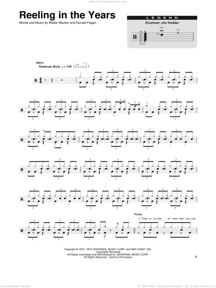 Reeling In The Years sheet music for drums by Steely Dan, Donald Fagen and Walter Becker, intermediate skill level