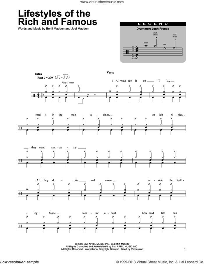 Lifestyles Of The Rich And Famous sheet music for drums by Good Charlotte, Benji Madden and Joel Madden, intermediate skill level