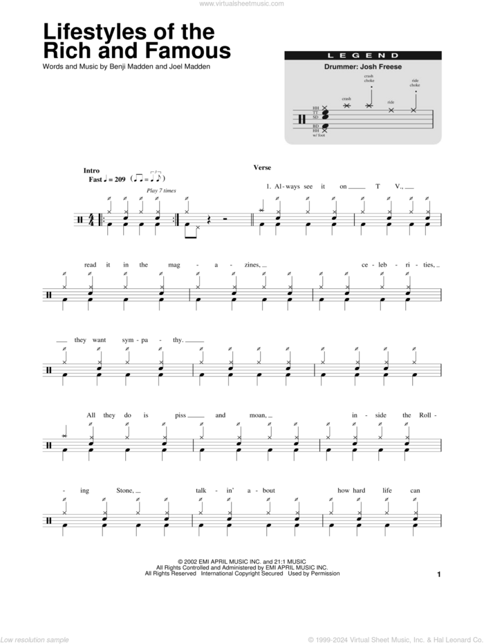 Lifestyles Of The Rich And Famous sheet music for drums by Good Charlotte, Benji Madden and Joel Madden, intermediate skill level