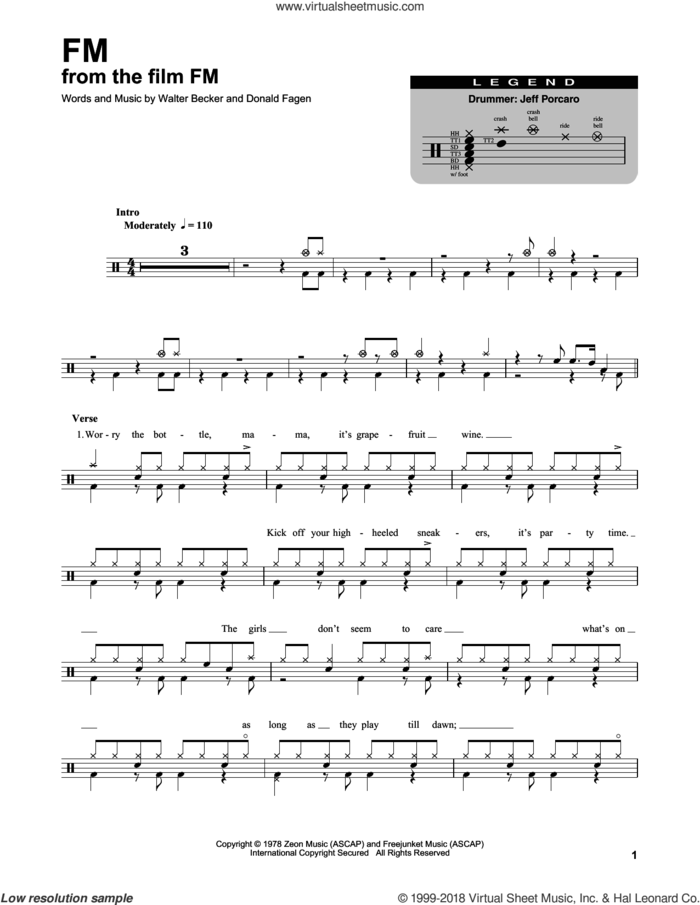 FM sheet music for drums by Steely Dan, Donald Fagen and Walter Becker, intermediate skill level
