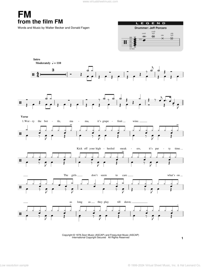 FM sheet music for drums by Steely Dan, Donald Fagen and Walter Becker, intermediate skill level