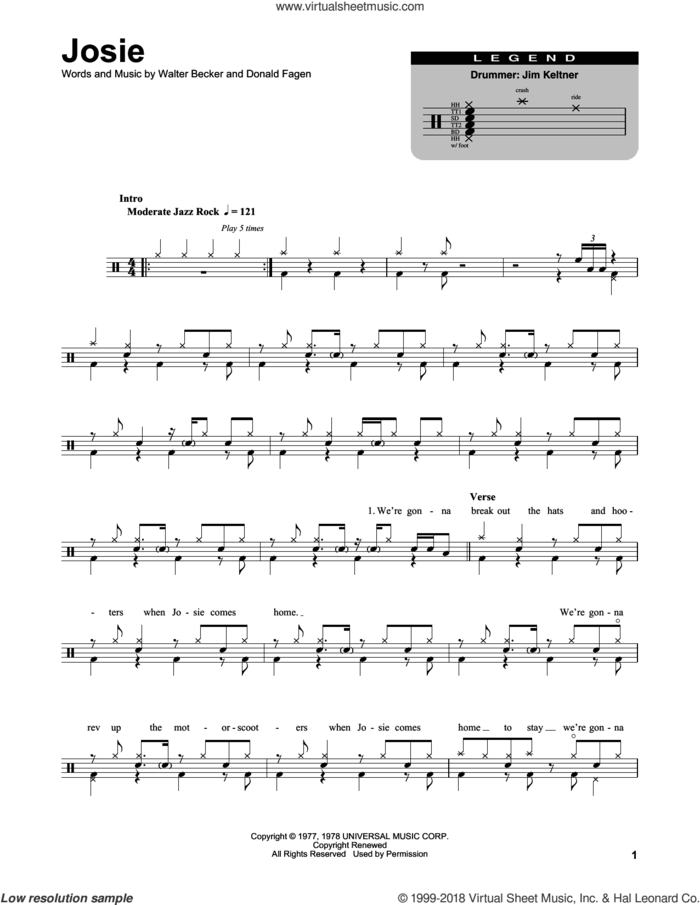 Josie sheet music for drums by Steely Dan, Donald Fagen and Walter Becker, intermediate skill level