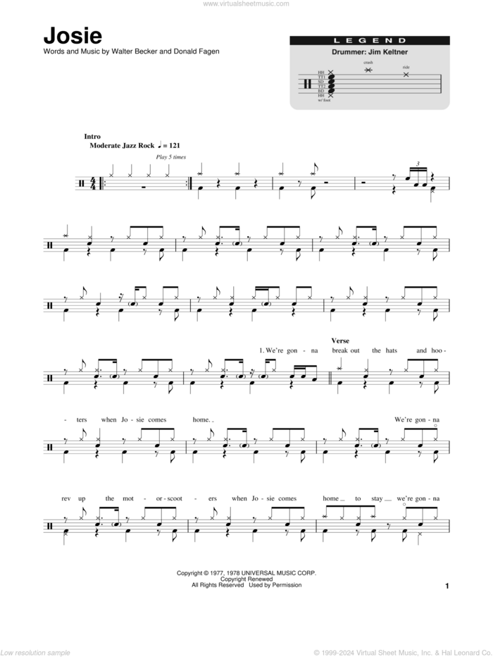 Josie sheet music for drums by Steely Dan, Donald Fagen and Walter Becker, intermediate skill level