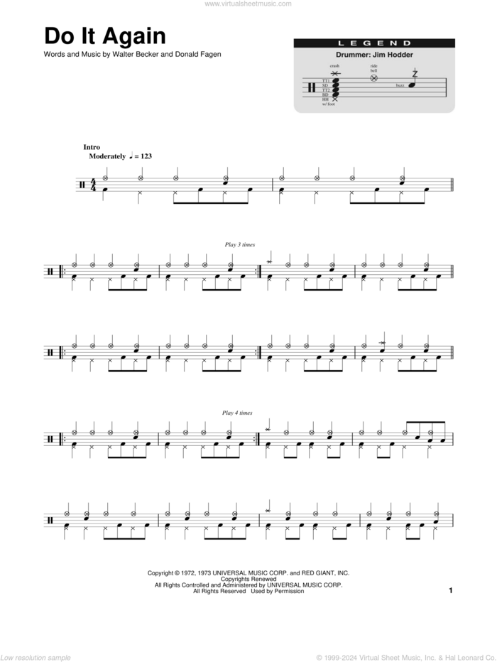 Do It Again sheet music for drums by Steely Dan, Donald Fagen and Walter Becker, intermediate skill level