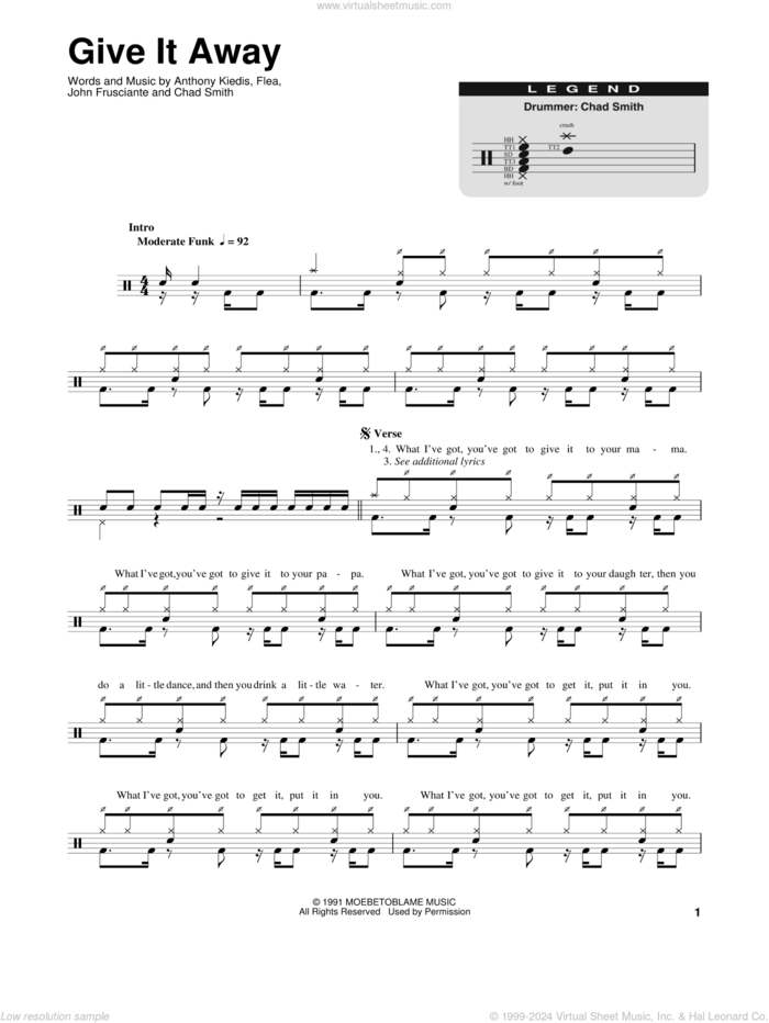 Give It Away sheet music for drums by Red Hot Chili Peppers, Anthony Kiedis, Chad Smith, Flea and John Frusciante, intermediate skill level