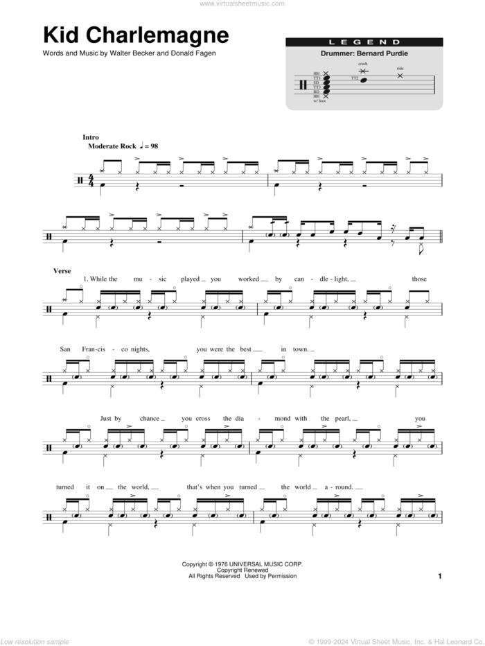 Kid Charlemagne sheet music for drums by Steely Dan, Donald Fagen and Walter Becker, intermediate skill level