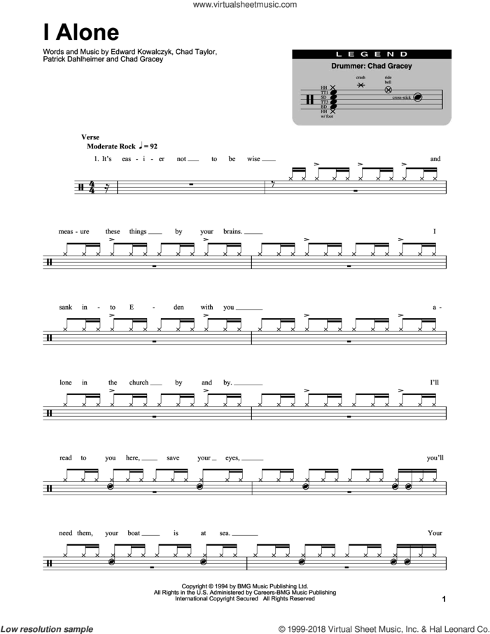 I Alone sheet music for drums by Live, Chad Gracey, Chad Taylor, Edward Kowalczyk and Patrick Dahlheimer, intermediate skill level