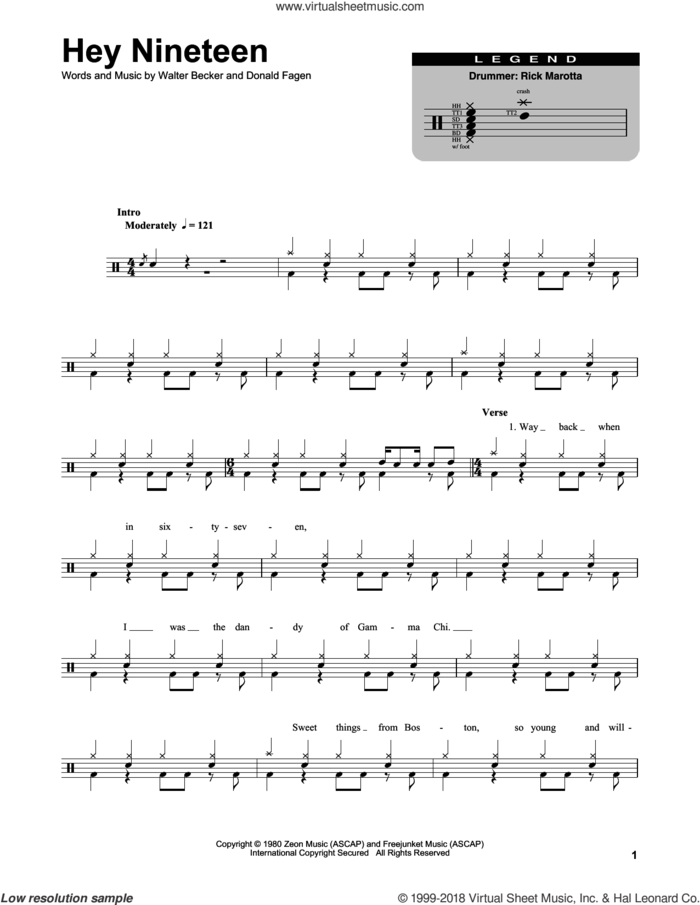 Hey Nineteen sheet music for drums by Steely Dan, Donald Fagen and Walter Becker, intermediate skill level