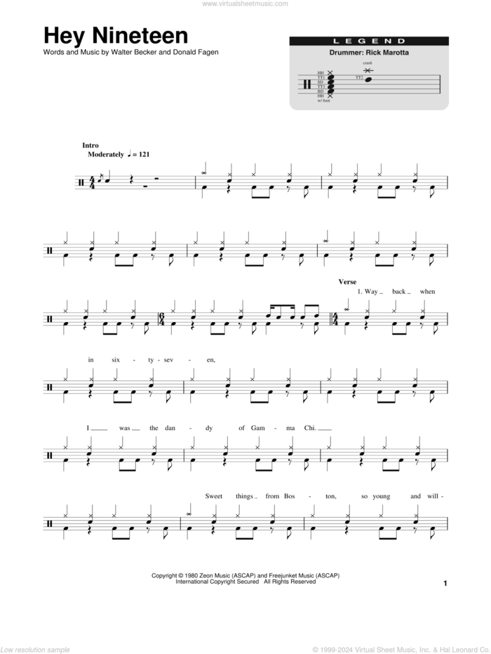 Hey Nineteen sheet music for drums by Steely Dan, Donald Fagen and Walter Becker, intermediate skill level