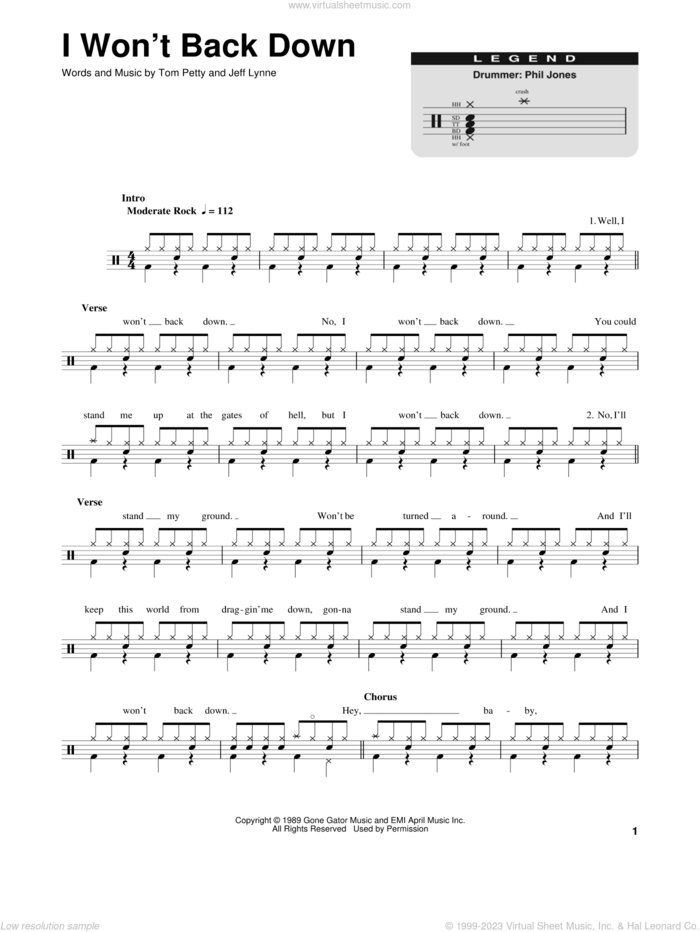 I Won't Back Down sheet music for drums by Tom Petty and Jeff Lynne, intermediate skill level