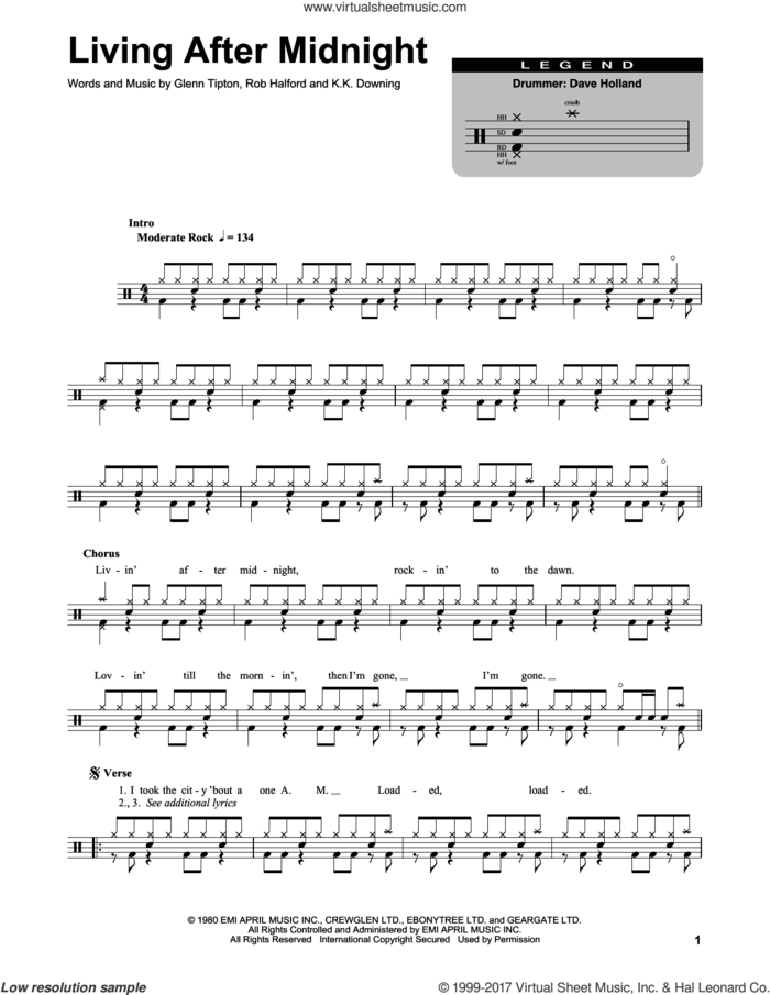 Living After Midnight sheet music for drums by Judas Priest, Glenn Raymond Tipton, Kenneth Downing and Rob Halford, intermediate skill level