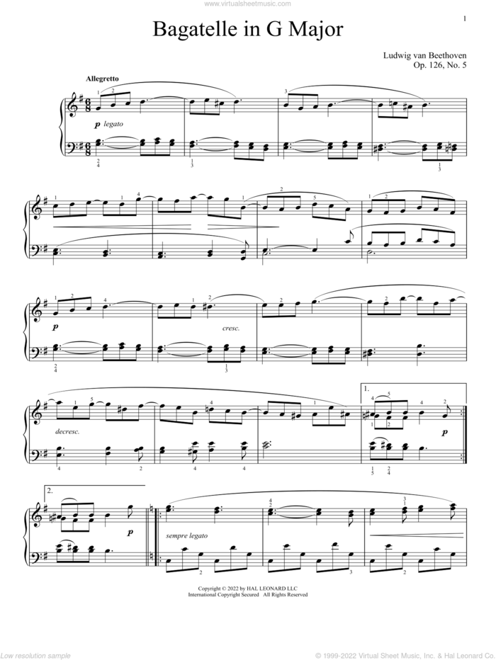 Bagatelle in G, Op. 126, No. 5 sheet music for piano solo by Ludwig van Beethoven, classical score, intermediate skill level