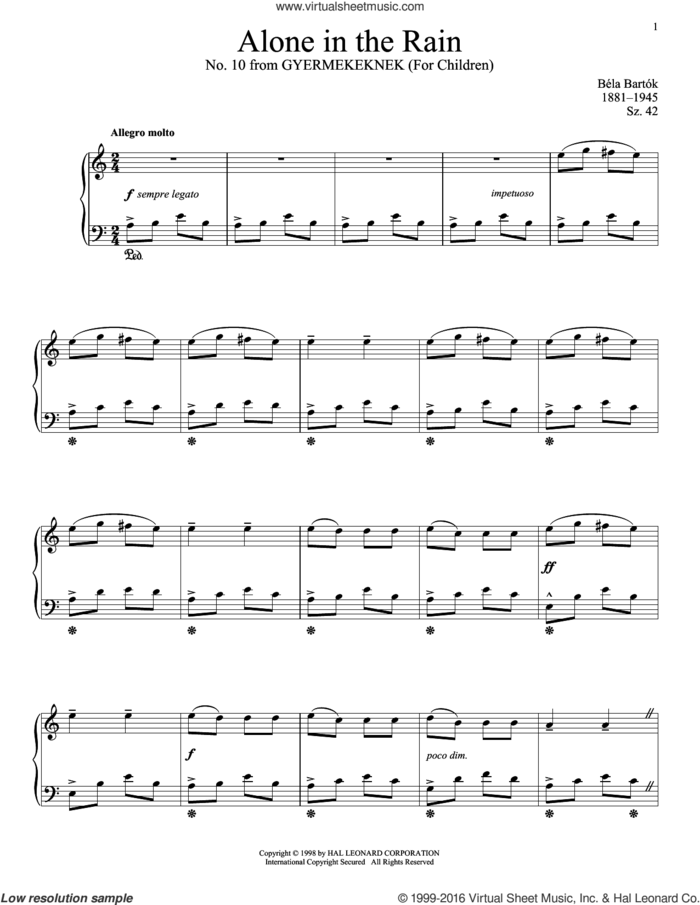 Alone In The Rain sheet music for piano solo by Bela Bartok and Bela Bartok, classical score, intermediate skill level