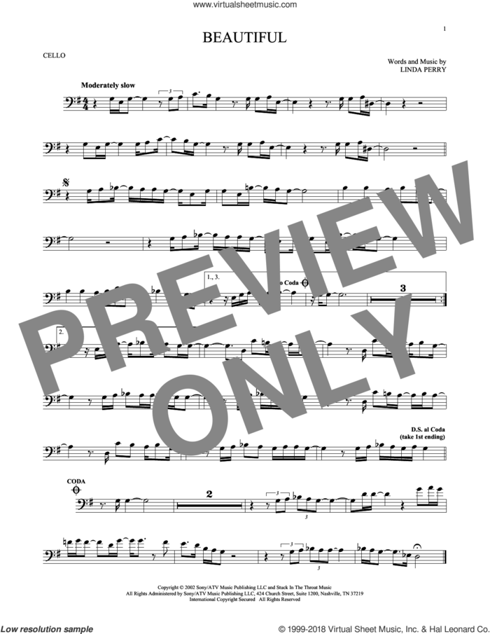 Beautiful sheet music for cello solo by Christina Aguilera, Christina Aguilera & Beverly McClellan and Linda Perry, intermediate skill level