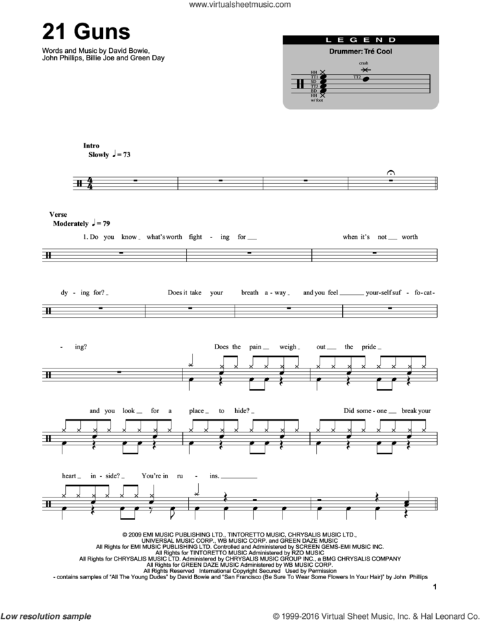 21 Guns sheet music for drums by Green Day, Billie Joe, David Bowie and John Phillips, intermediate skill level