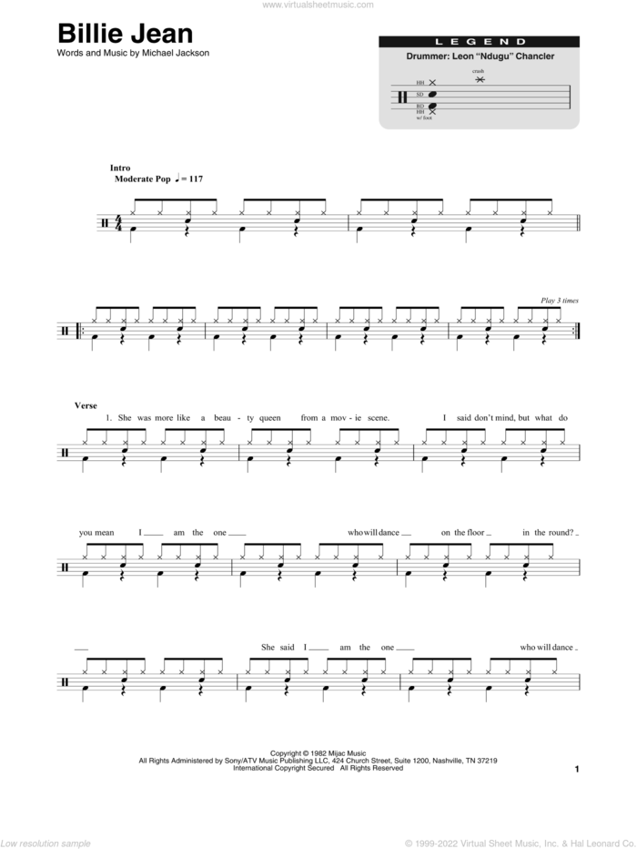 Billie Jean sheet music for drums by Michael Jackson and David Cook, intermediate skill level