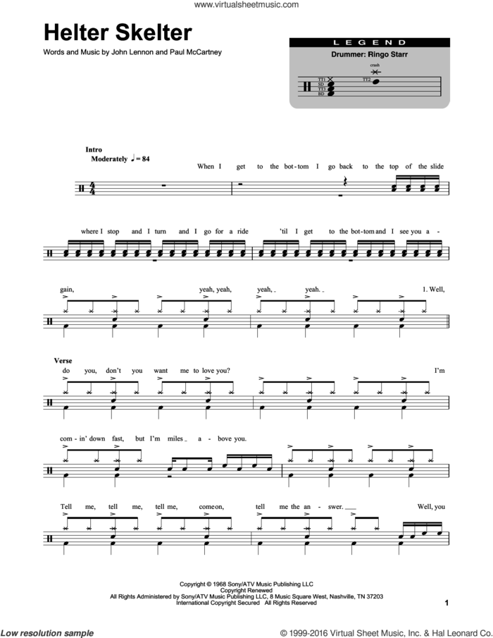 Helter Skelter sheet music for drums by The Beatles, John Lennon and Paul McCartney, intermediate skill level