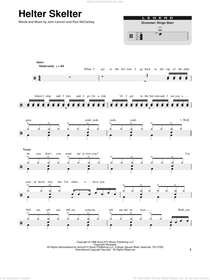 Helter Skelter sheet music for drums by The Beatles, John Lennon and Paul McCartney, intermediate skill level