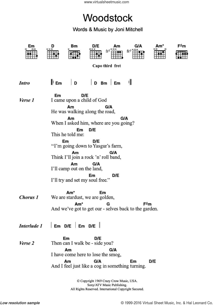 Woodstock sheet music for guitar (chords) by Matthews Southern Comfort and Joni Mitchell, intermediate skill level