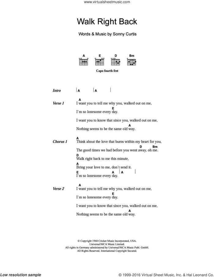 Walk Right Back sheet music for guitar (chords) by The Everly Brothers and Sonny Curtis, intermediate skill level