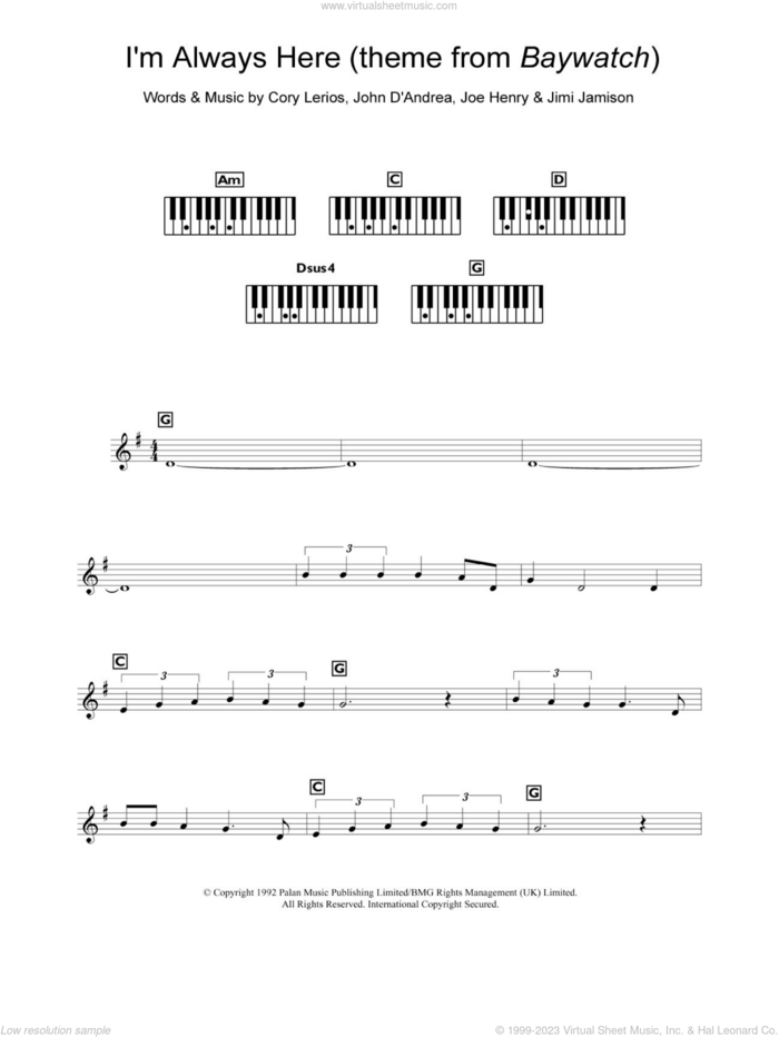 I'm Always Here (theme from Baywatch) sheet music for piano solo (chords, lyrics, melody) by Jimi Jamison, Cory Lerios and Joe Henry, intermediate piano (chords, lyrics, melody)