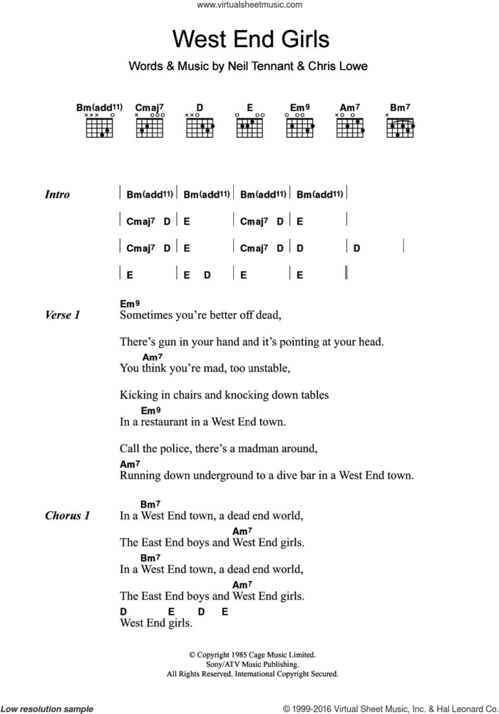 West End Girls sheet music for guitar (chords) by Pet Shop Boys, Chris Lowe and Neil Tennant, intermediate skill level